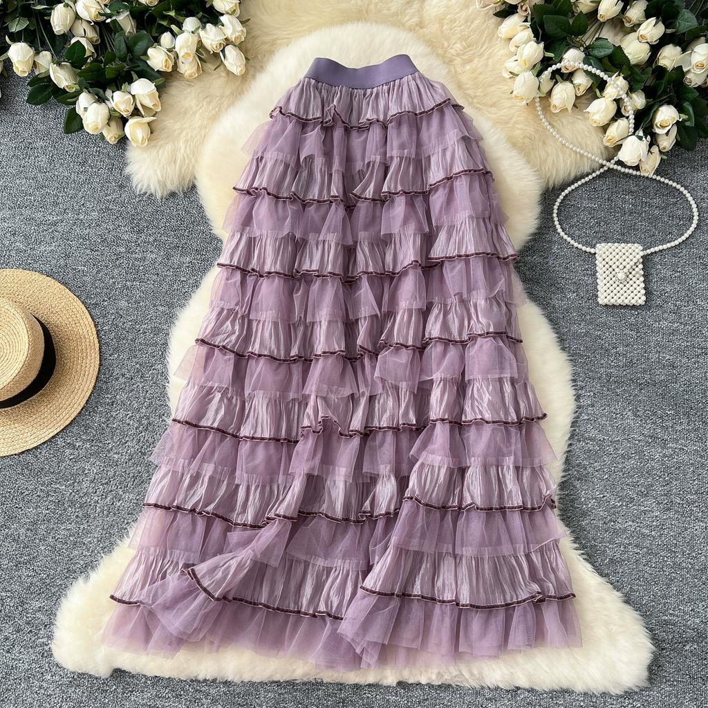 Summer Women Elegant Ruffles Mesh Tulle Cake Long Maxi Skirt
