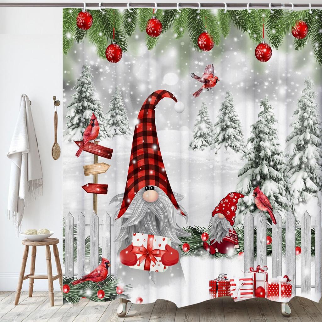 Christmas Gnome Shower Curtain with Cardinals & Snowy Xmas Balls Design, Funny Winter Bathroom Decor  for Festive Holiday Style
