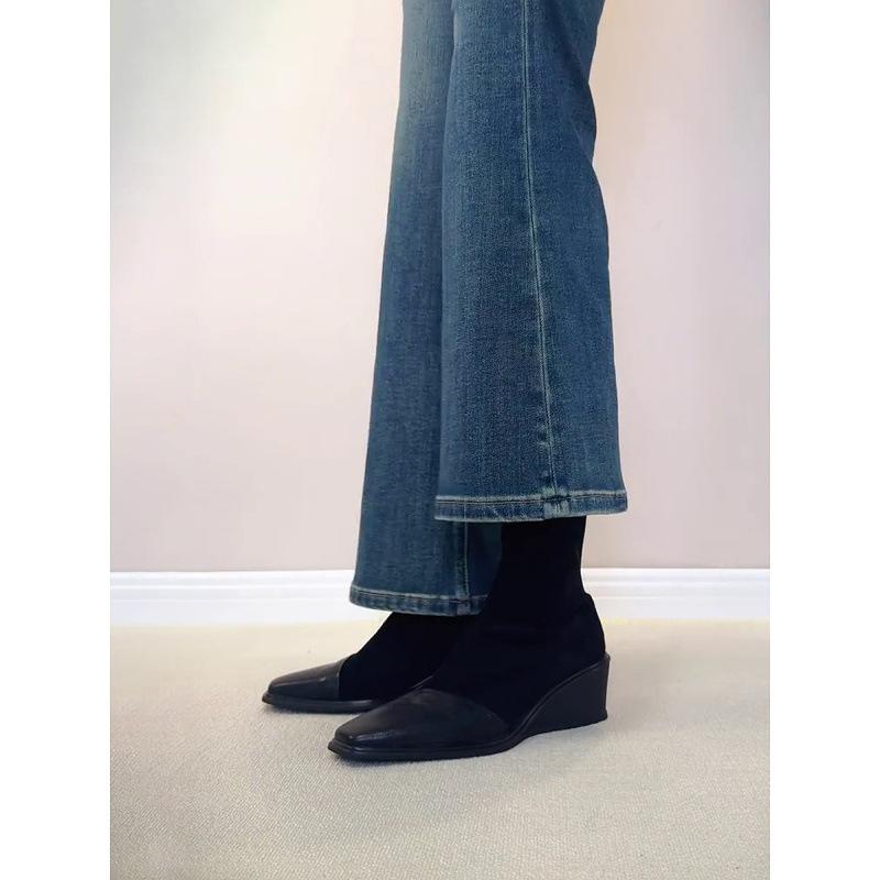 Sheepskin version~ thick-soled wedge elastic thin boots retro square head short boots women's rear zipper socks boots slim Martin boots