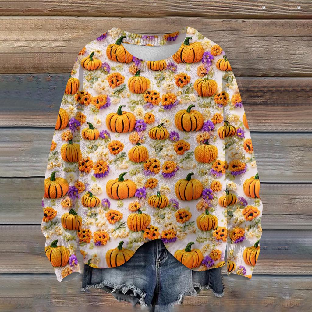Ladies' Fashionable Casual Long Sleeved Halloween Printed Round Neck Knitted Yarn