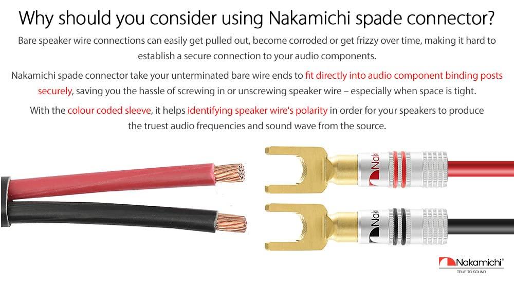 Nakamichi Excel Series 24K Gold Plated Spade Connectors 12-18 AWG 4mm for Speaker Amp Hi-Fi AV Stereo Home Theater Screw Type 16pcs 8 Pairs