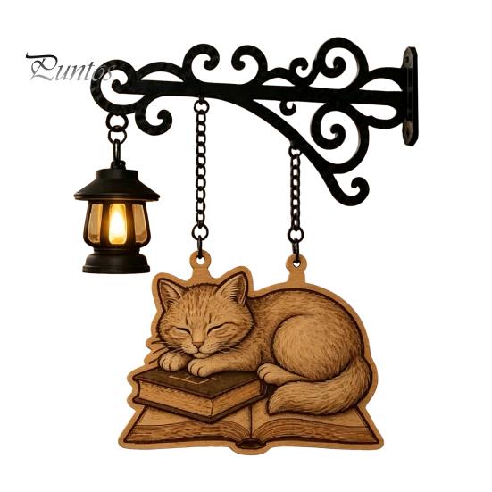Retro Bookshelf Light Vintage with Cat Sleeping on Book Design, Lantern Rustic Metal Wall Lamp for Reading, Decorative LED Study Room Library