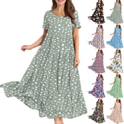Women Casual Loose Bohemian Floral Dress Short Sleeve Long Maxi Summer Beach Swing Dress