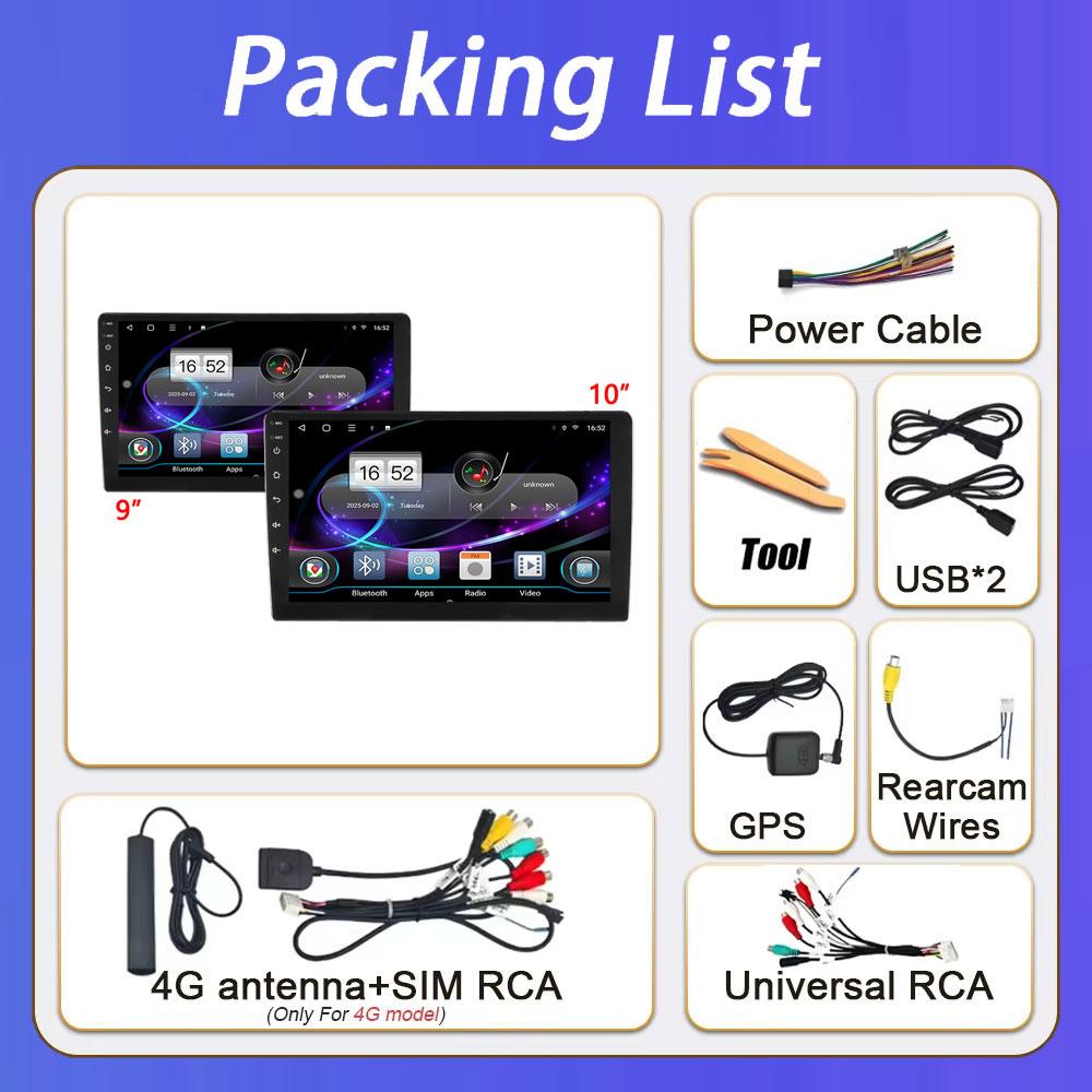 Autoradio Android 16 universel 9/10 pouces, CarPlay, Android Auto, GPS, lecteur multimédia, WiFi, écran QLED, BT 2 DIN