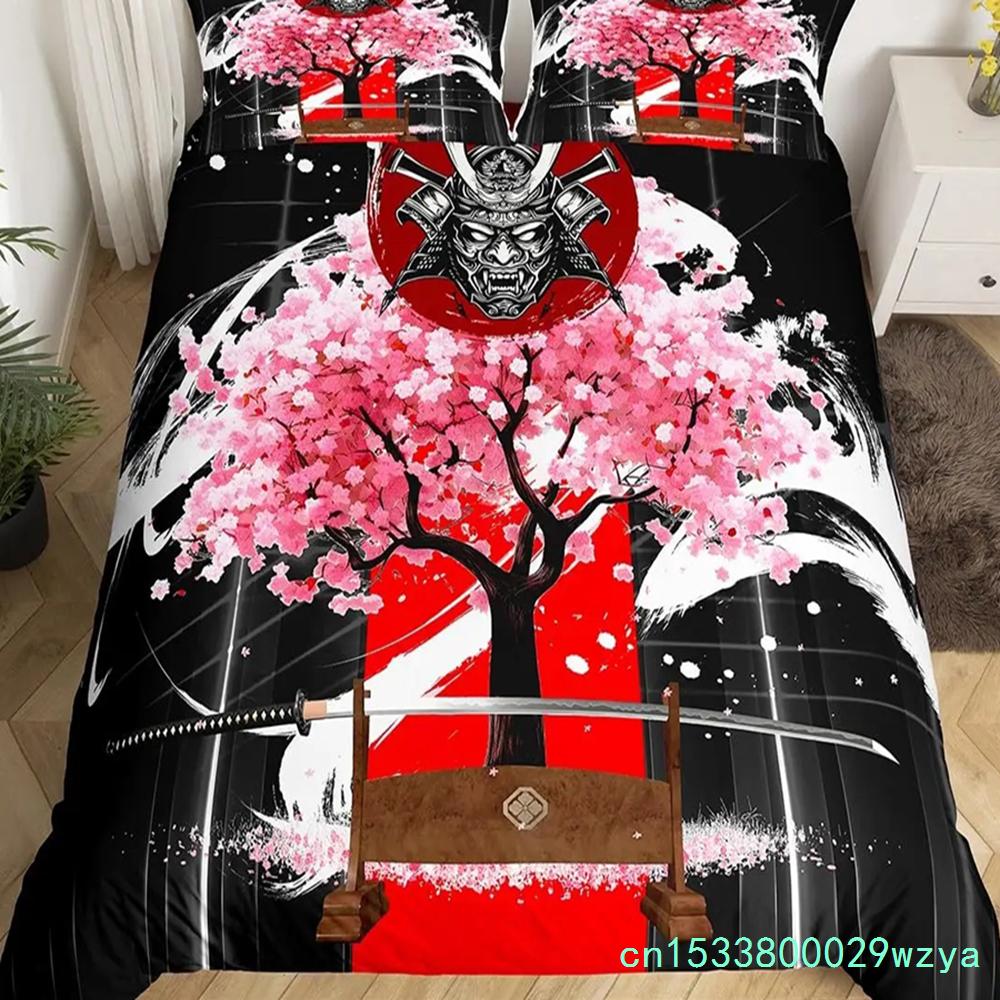 Japanese Samurai Bedding Set Full Size Cherry Blossoms Comforter Cover Red Sun Hokusai Duvet Cover Fuji Mountain Quilt Cover