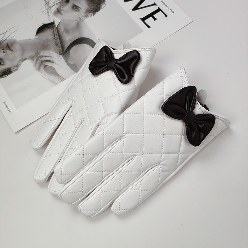 

Зимние бархатные перчатки из искусственной кожи, элегантные женские утолщенные перчатки с сеткой и бантом для верховой езды, теплые варежки для вождения с сенсорным экраном и полным пальцем