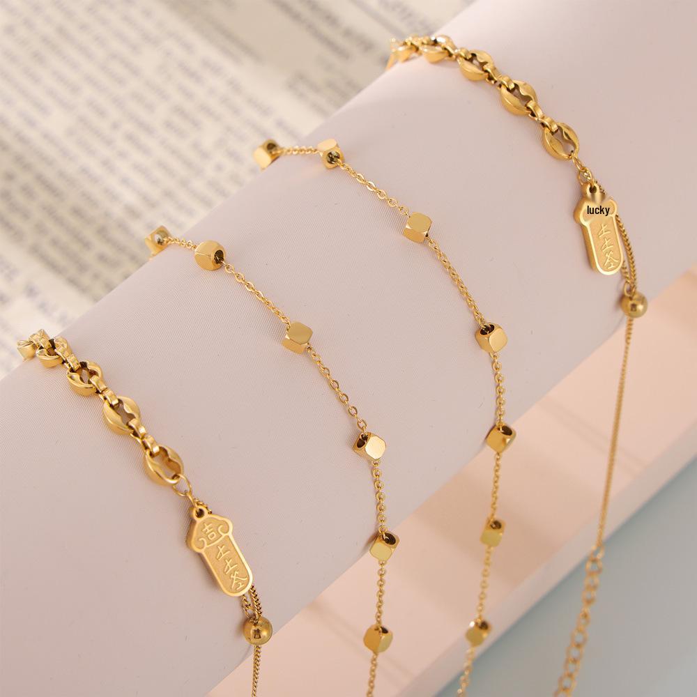 Women's Trendy Titanium Steel Square Anklet with Non-Fading Sign Pendant