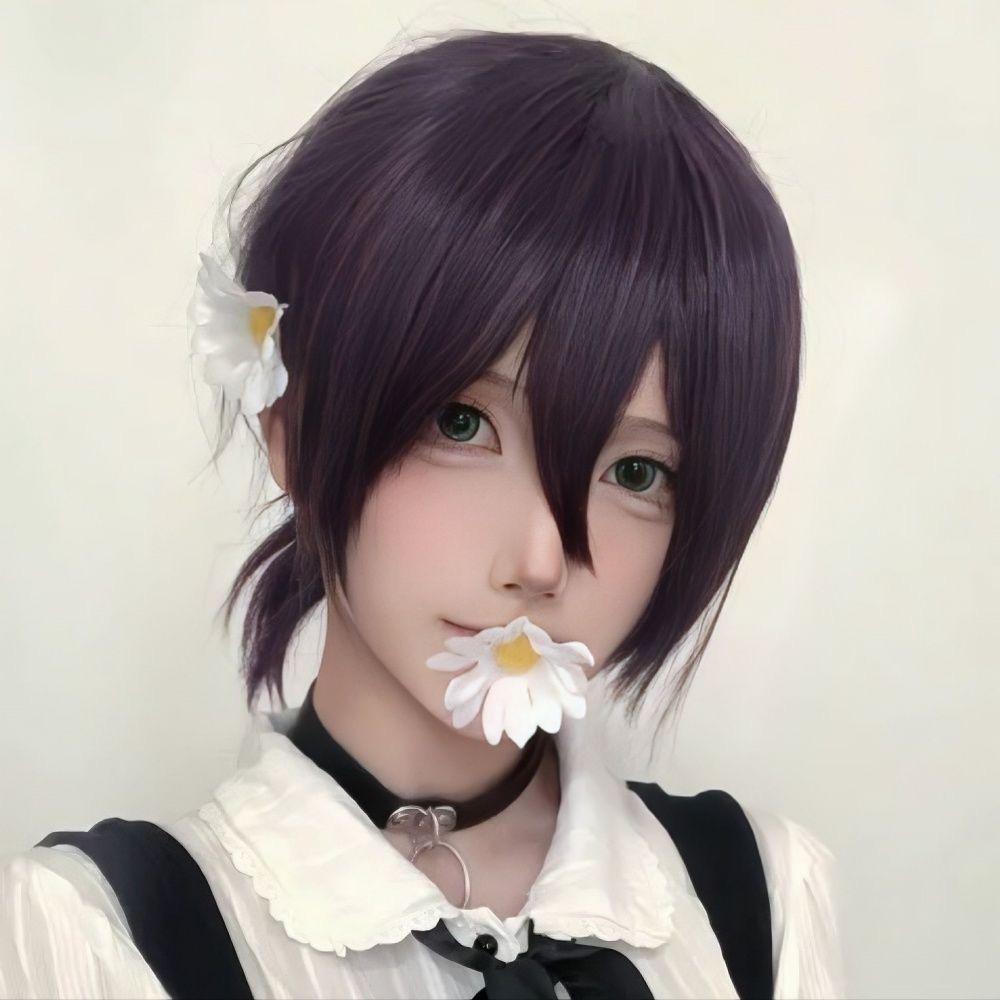 Anime Cosplay Wig, Reze Purple Low Bun Short Hair High-Temperature Fiber Synthetic Hairpiece