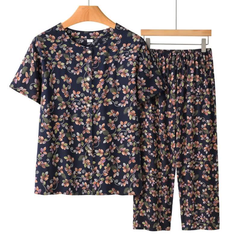 Datang Furen Mid-Aged Women's Floral Print Short Sleeve Capri Loungewear Set