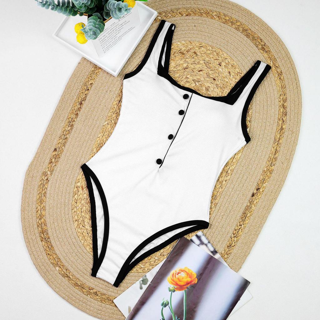 European & American Plus Size Women's Black and White Colorblock One-Piece Swimsuit - Sexy Cross-Border Triangle Bikini.