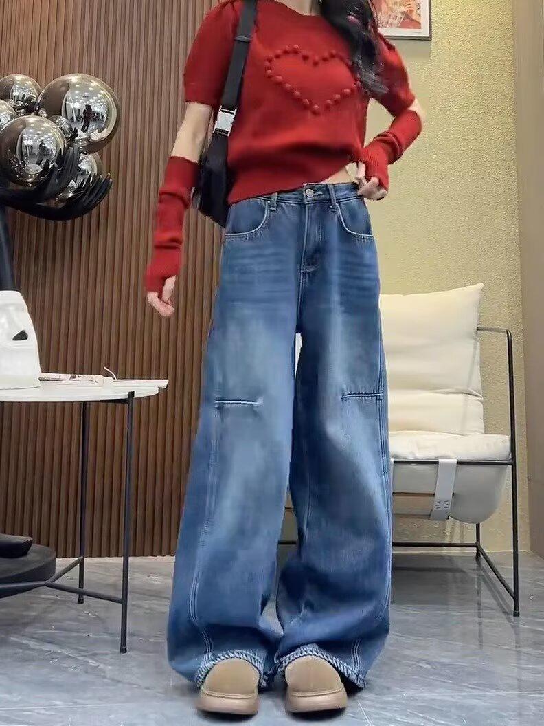 

Women s Retro Blue High-Waisted Wide-Leg Jeans, 2025 Autumn Petite Fit, Slimming Banana Style. L синій