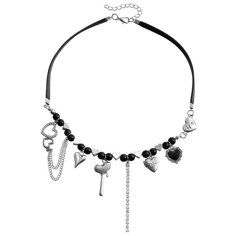 Vintage Beaded Heart Tassel Choker Necklaces for Women Punk Hip Hop Black Leather Rope Necklaces Y2K Jewelry Party Accessories