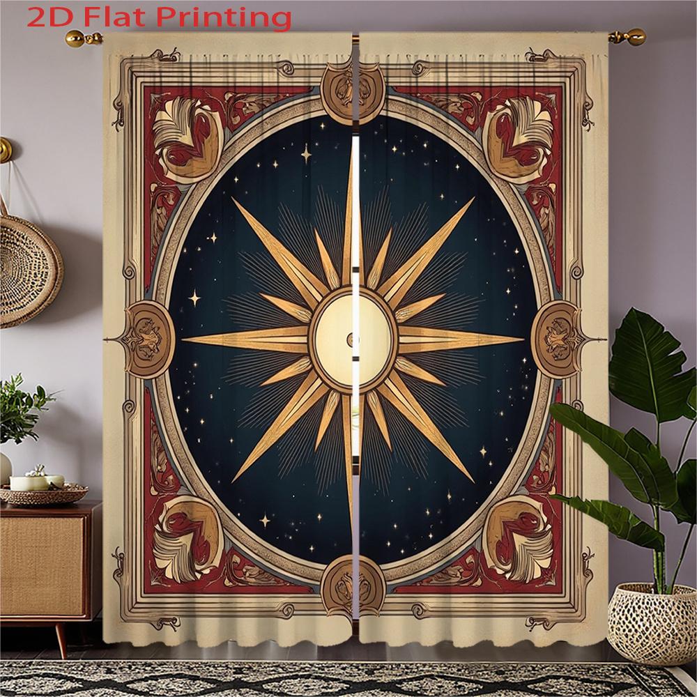 

2D Flat 2pcs 2D Flat Printed Curtains - Medieval Style Star Compass Pattern in Dark Blue Red and Golden Starry Sky Design 100*130 Rod Pocket 1pcs