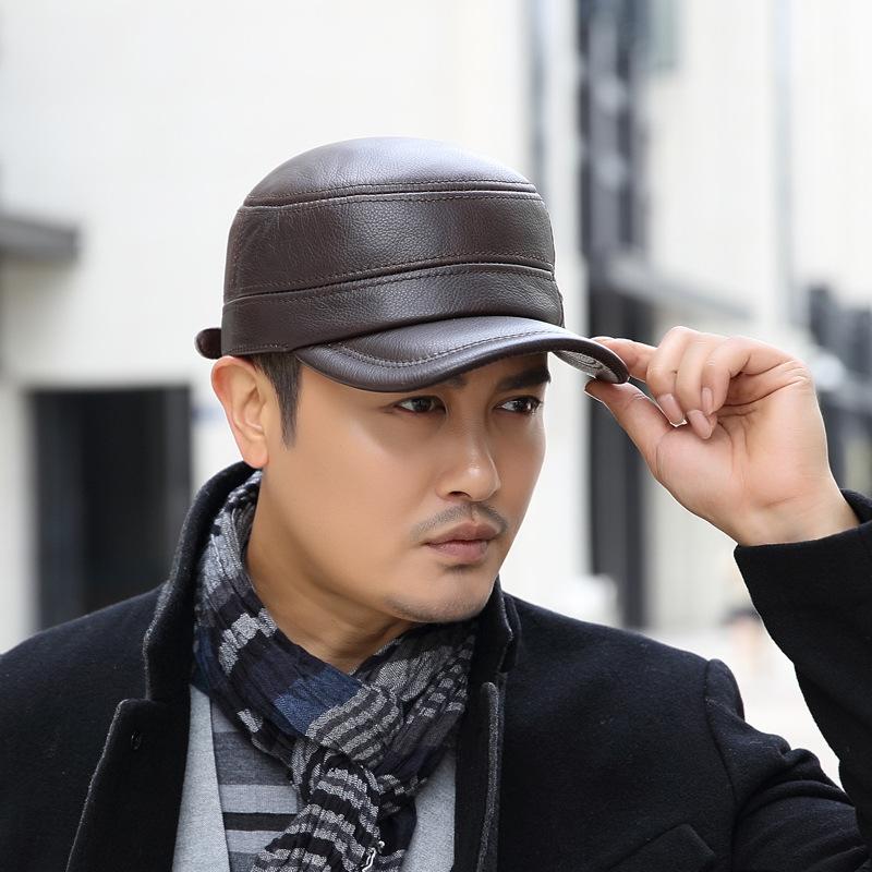 Flat Top Warm Winter Hat for Elderly Men Genuine Leather Dad Cap with Ear Flaps