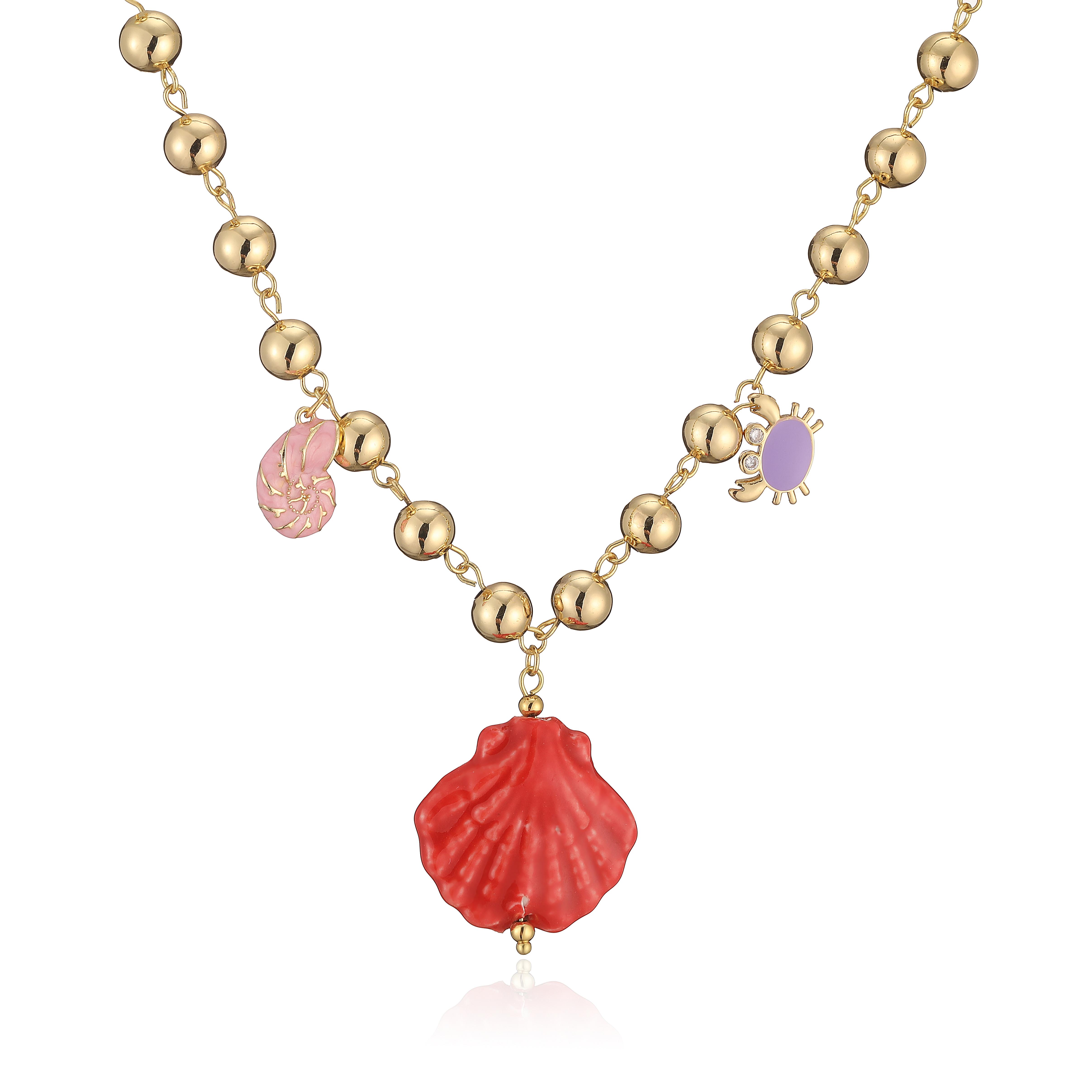 

18K Gold Plated Brass Colorful Ceramic Shell Pendant Necklace, Imitation Pearl Beaded Chain with Turtle Charm Ocean Zircon красный