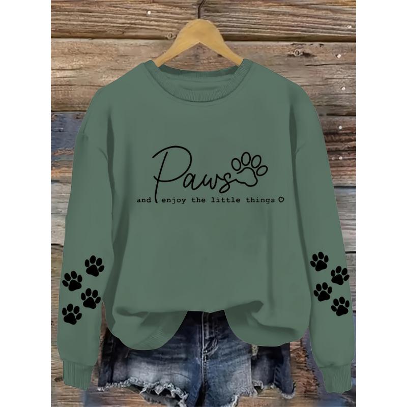 Women's comfortable paw print crew neck sweatshirt, casual long sleeve pullover