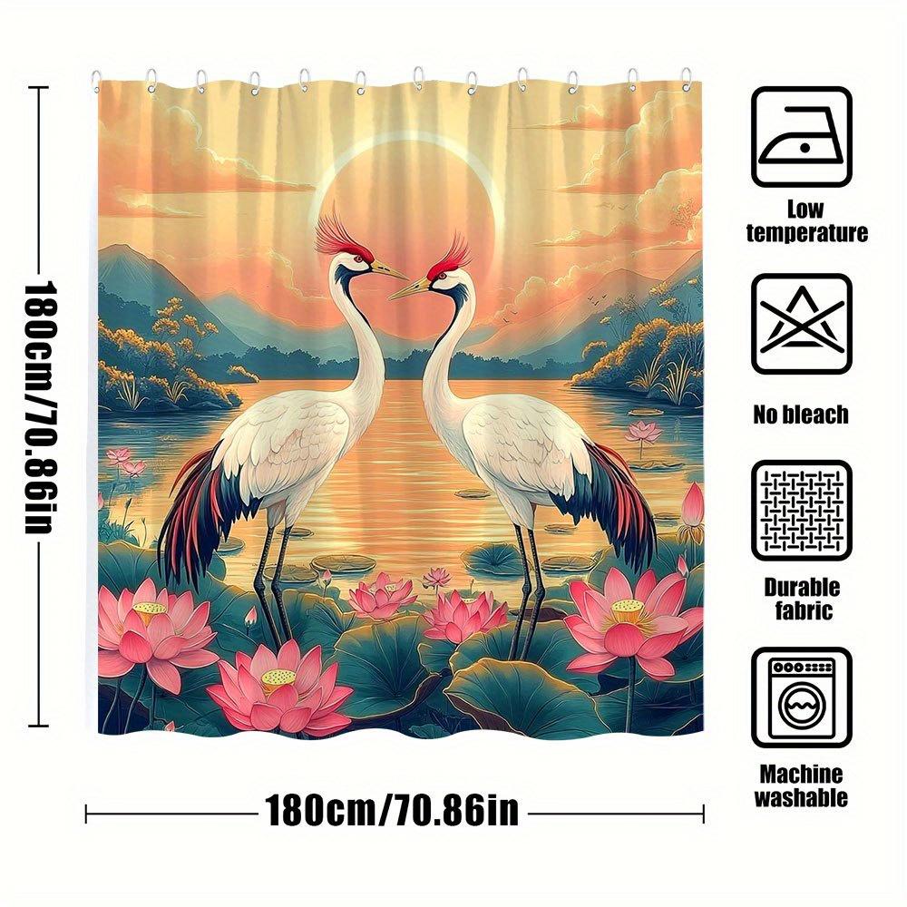 1pc Romantic Cranes & for Lotus Flowers Sunset Shower Curtain - 70. 86x70. 86 Inch Polyester Bathroom Decor with 12 Hooks,