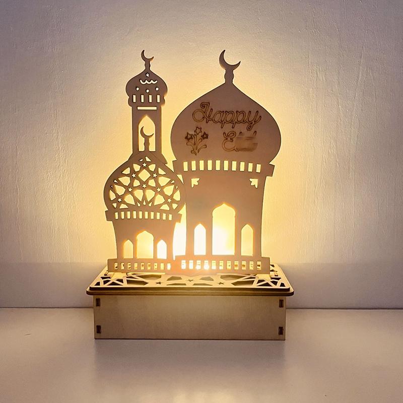 Hölzerne Eid-Dekoration Nachtlicht Ramadan Desktop-Ornament DIY LED-Lampe Handwerk Islamisch Muslimische Heimparty Dekoration Geschenke