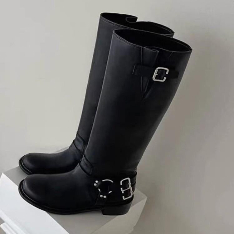 Round head adjustable belt buckle but knee mid boots women's new thick heel knight boots