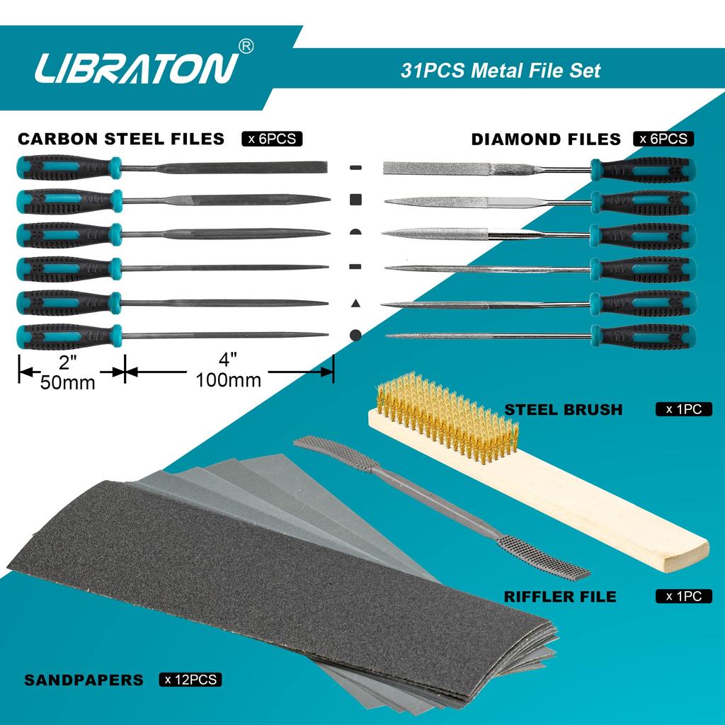 LIBRATON File Metalworking Files Plastic Woodworking Diamond Fine and Medium for Edge DIY Includes 12 Sheets of Steel and Storage Set, 31-Piece Set