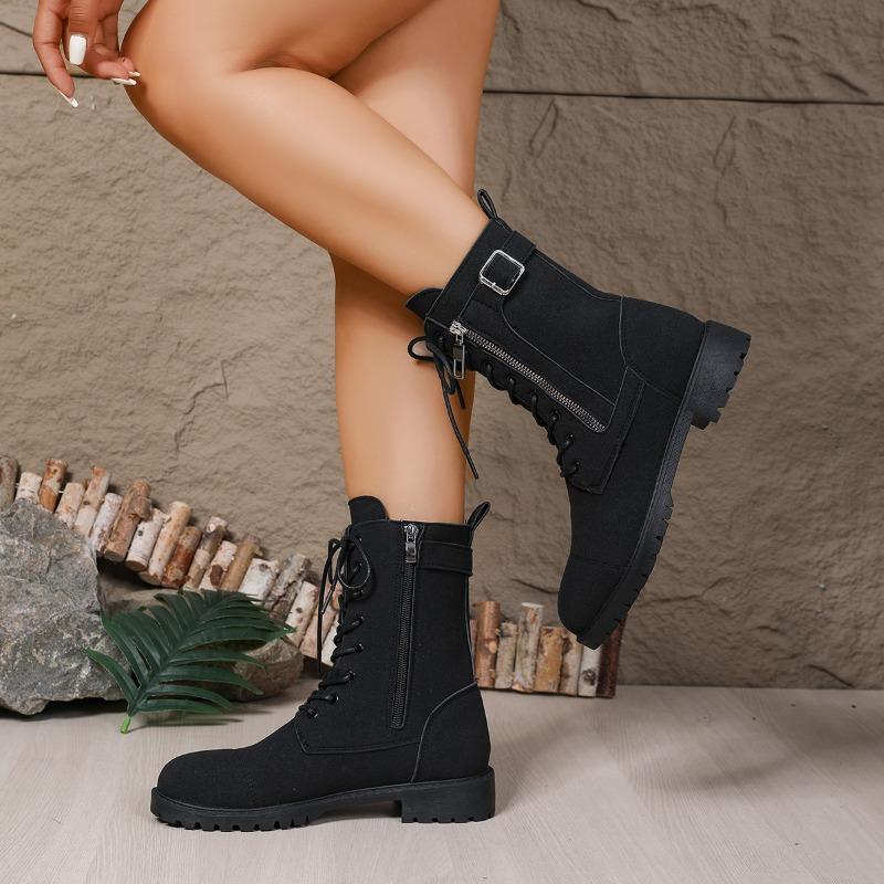 Módní semišové boty na blokovém podpatku podzimní nové kulatá špička šněrování vpředu boční zip měkká podrážka protiskluzové kotníkové boty