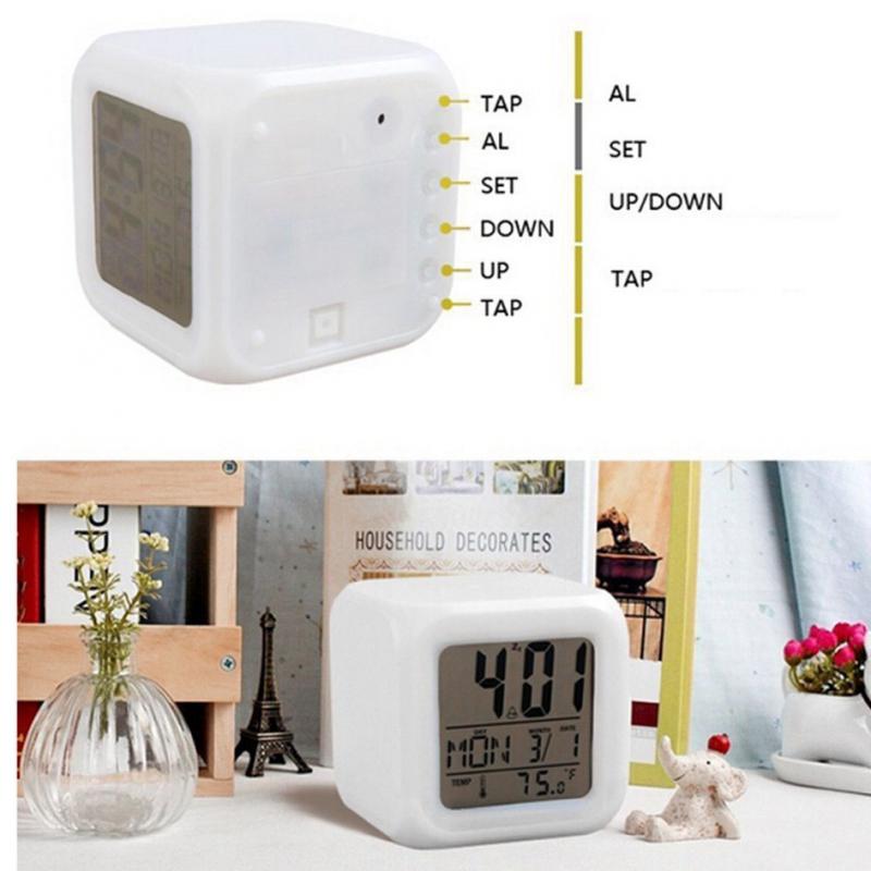 LED Digital Alarm Clock Fashion Electronic Clock Multifunction Digital Alarm Thermometer Glowing Cube 7 Colors Clock Kids
