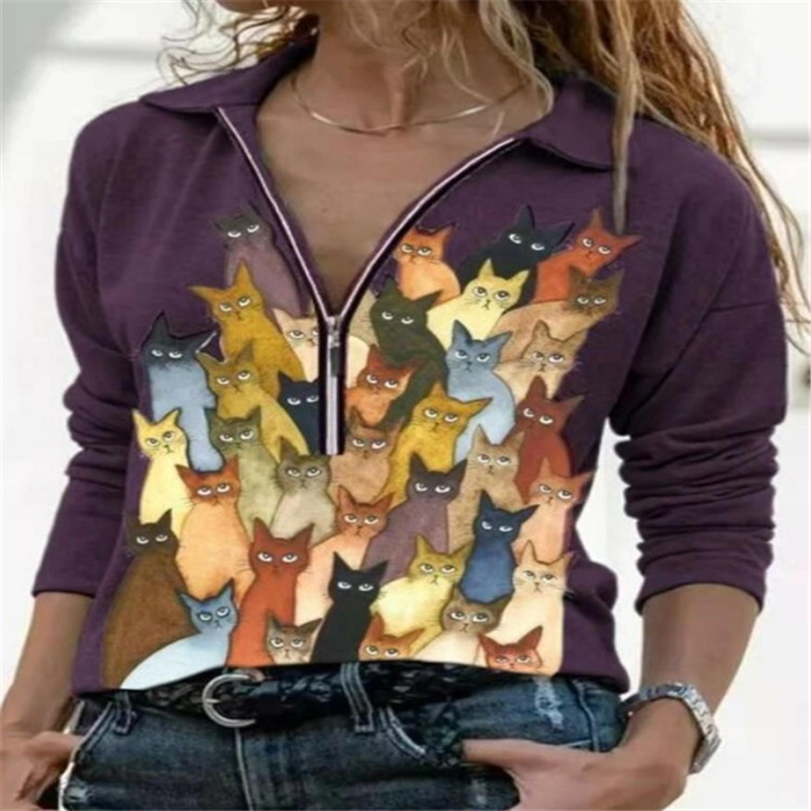 

(SU)Женская повседневная модная свободная рубашка с длинным рукавом и принтом кота на молнии, топы