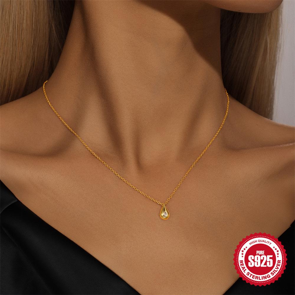 Stylish And Simple S925 Sterling Silver Water Drop Diamond Women'S Versatile Collarbone Necklace Commuter Office Worker Jewelry