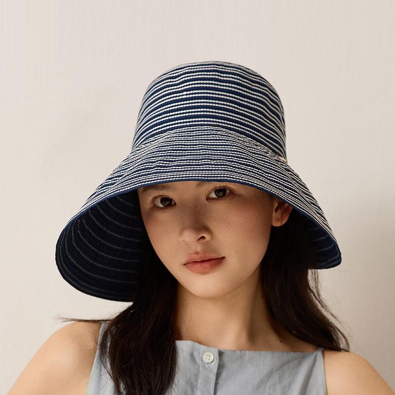 Striped Bow Big Brim Fisherman Hat Women's Summer Outdoor Travel Foldable Sun Hat