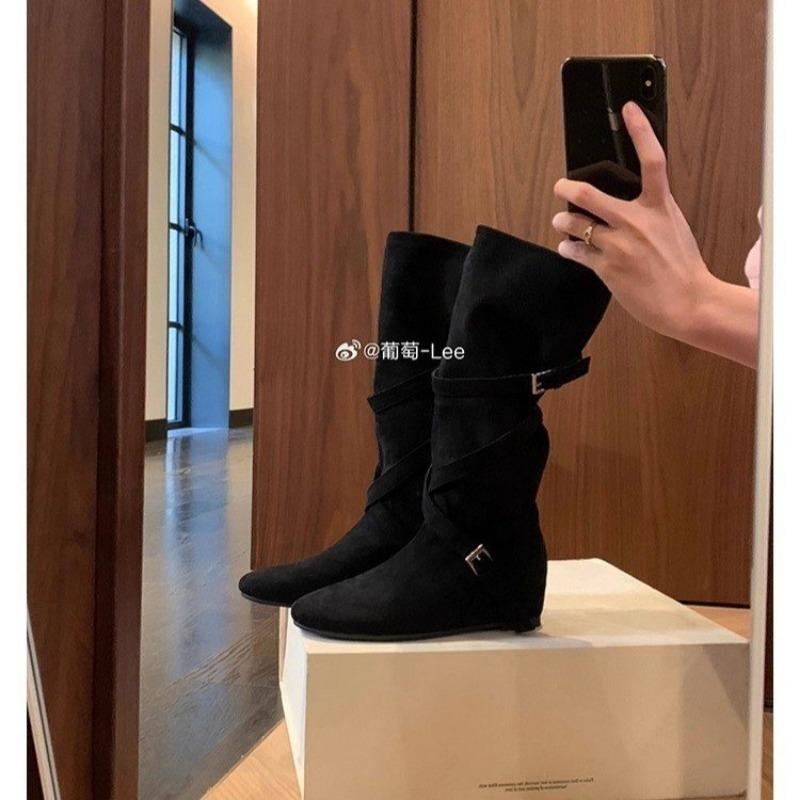 

Retro belt buckle medium boots women s autumn and winter new thin and versatile western cowboy boots inner height increase Martin boots 40 чёрный