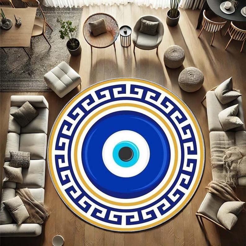 

Evil Eye Round Rug with Blue Nazar Protection, Greek Key Pattern Bohemian Mat, Washable Spiritual Gift for Kitchen Home Decor Diameter 100cm