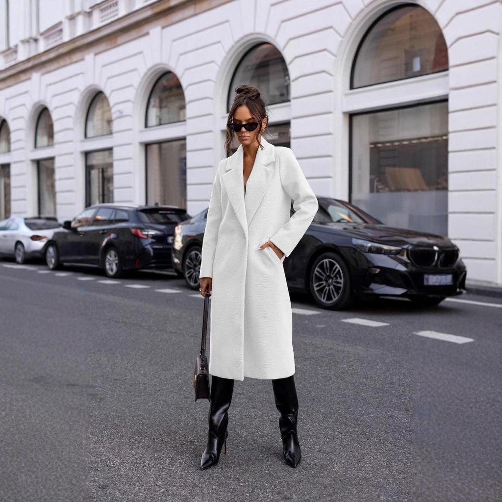 2024 Bestseller Women's Winter Simple Solid Long Sleeve Mid-Length Wool Coat