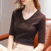 Baby Collar Half-sleeved T-shirt for Women Summer and Autumn Thin New Women's Coffee-colored Lapel Five-point Sleeve Top