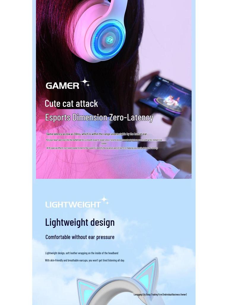 Leuchtende Kabellose Katzenohren Bluetooth Over-Ear Kopfhörer 2025 - Gaming & Sport, Starker Bass, Kompatibel mit Mobil & PC