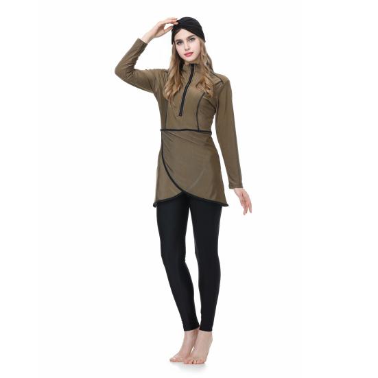Conjunto de 3 Peças/Conjunto Feminino Maiô Dividido Saia Frontal Fechamento Seguro com Zíper Proteção UV Tops Calças Compridas para Natação Conjunto com Lenço de Cabeça