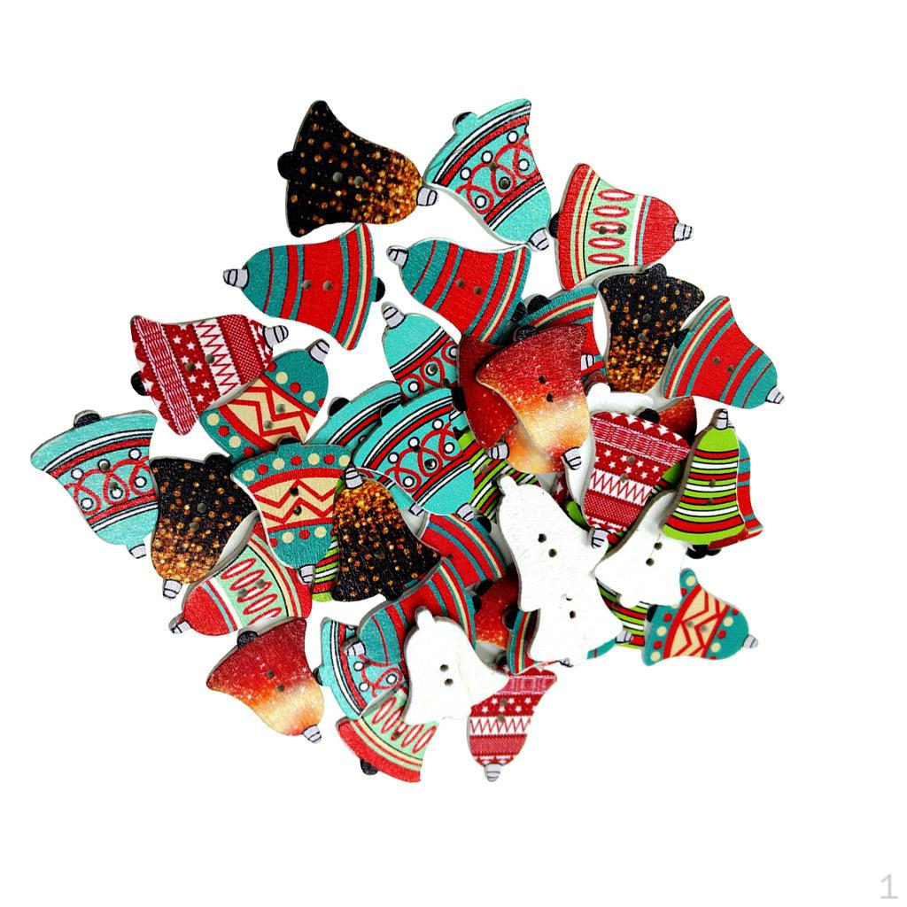 

50 Pieces Printed Bell Wooden Buttons Embellishment for Kids Craft Christmas Decoration