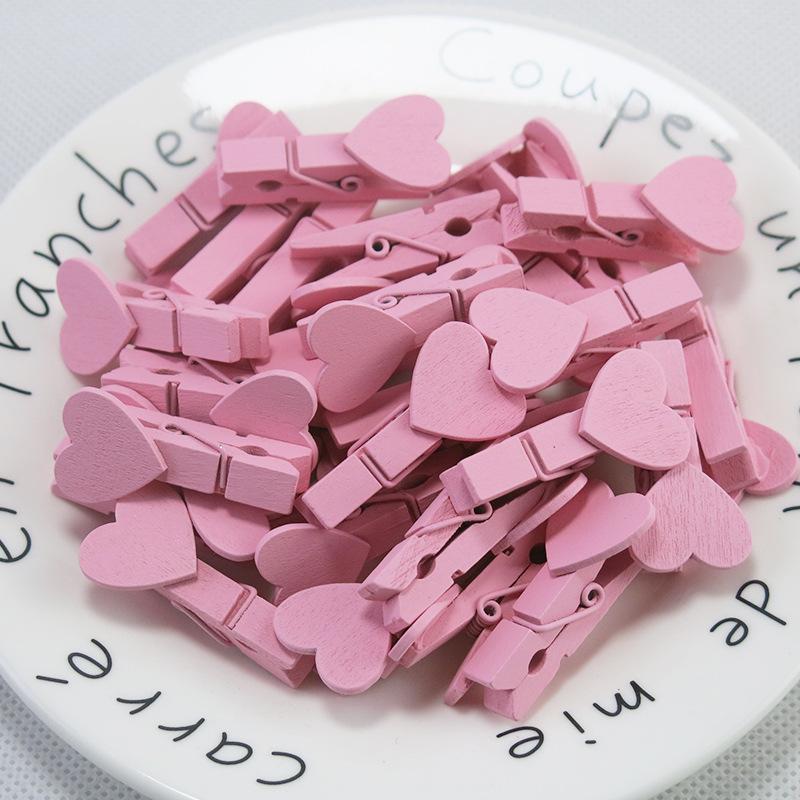50pcs Heart Pink Blue Wooden Photo Clips Memo Paper Peg Clothespin Stationery Clips Office Party Decoration Accessories 35*7mm
