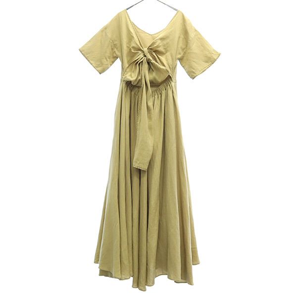 

AULA AILA Смесь льна вышивка Короткий рукав Длинное платье бежевый Женский Б/у