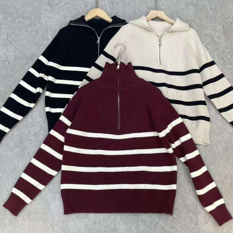 

Half-height zipper lapel sweater women s top autumn and winter new color matching striped knitted bottoming shirt outer women s clothing one size fits all бордовий
