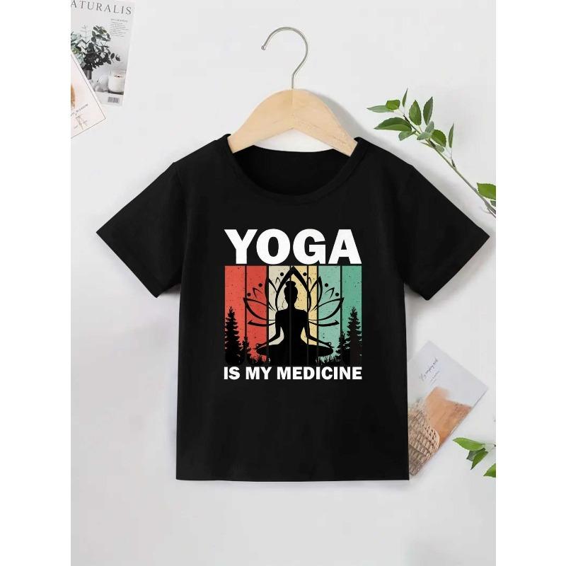 

European sizes Yoga with Meditating Figure Boys New Casual Short-sleeved T-shirt for Summer Children s Round Neck Clothing Printed T-shirt Base Shirt 98cm чёрный