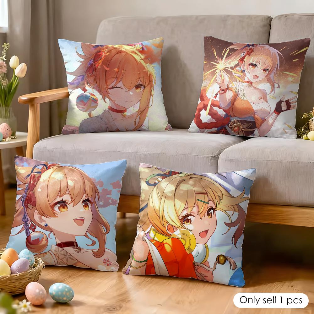 Yoimiya Genshin Impact Cute Cushion Cover Silky Short Plush Invisible Zipper Dustproof Sofa Pillow Case For Home Decor