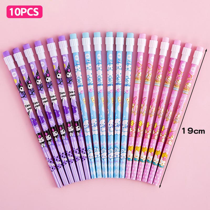 10Pcs Wooden Pencils With Eraser Cartoon Pencils With Colorful Eraser Office Supplies Student Stationery Birthday Gifts