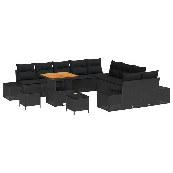 Ensemble de Canapés de Jardin vidaXL 13 pièces avec coussins noir poly rattan acacia, Canapé de Jardin 2 Places vidaXL 3362839