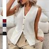 Women's V Neck Sleeveless Cardigan Regular Fit Elegant Commuter Knit Vest Sweater Button Front Pocket Knitwear