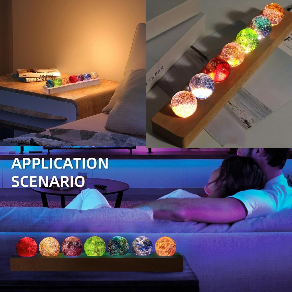 LED 7 Colorful Glass Ball Detachable Rectangle Base Crystal Ball Night Lamp Shiny Multi-purpose Crystal Ball with Wood Stand