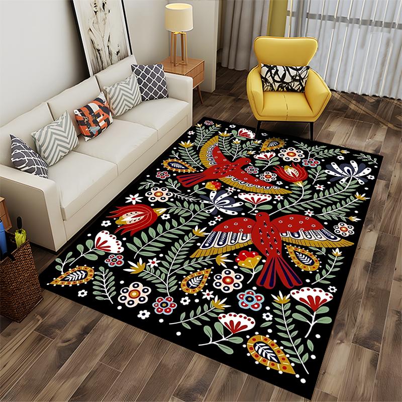 Colorful Bird and Floral Pattern Area Rug with Black Background Suitable for Use As an Anti-slip for Living Room Bedroom Sofas
