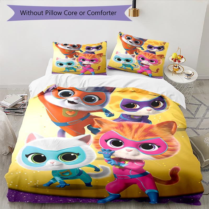 3pcs Super Kitties Adventures1 Design Cover Set - HD Printed Bedding with 1 Cover and 2 Pillowcases - Perfect for Home and Dorm Decor