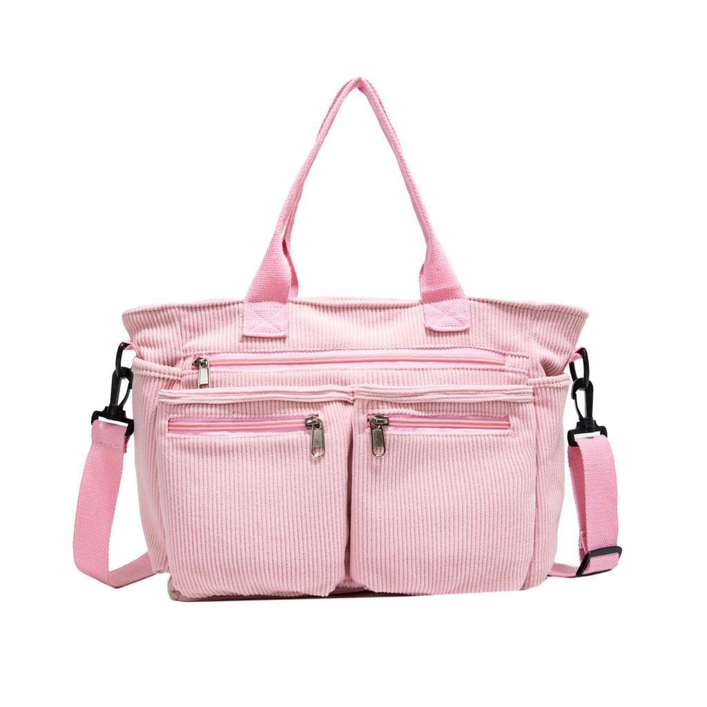 Large Capacity Corduroy Shoulder Bag for Women – Multi-Pocket Tote with Zipper Compartments and Stylish Design