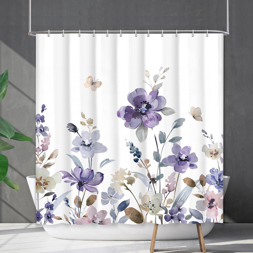 Green Plant Waterproof and Mildew-proof Polyester Bathroom Shower Curtain Shower Curtain Partition Curtain Free of Punching