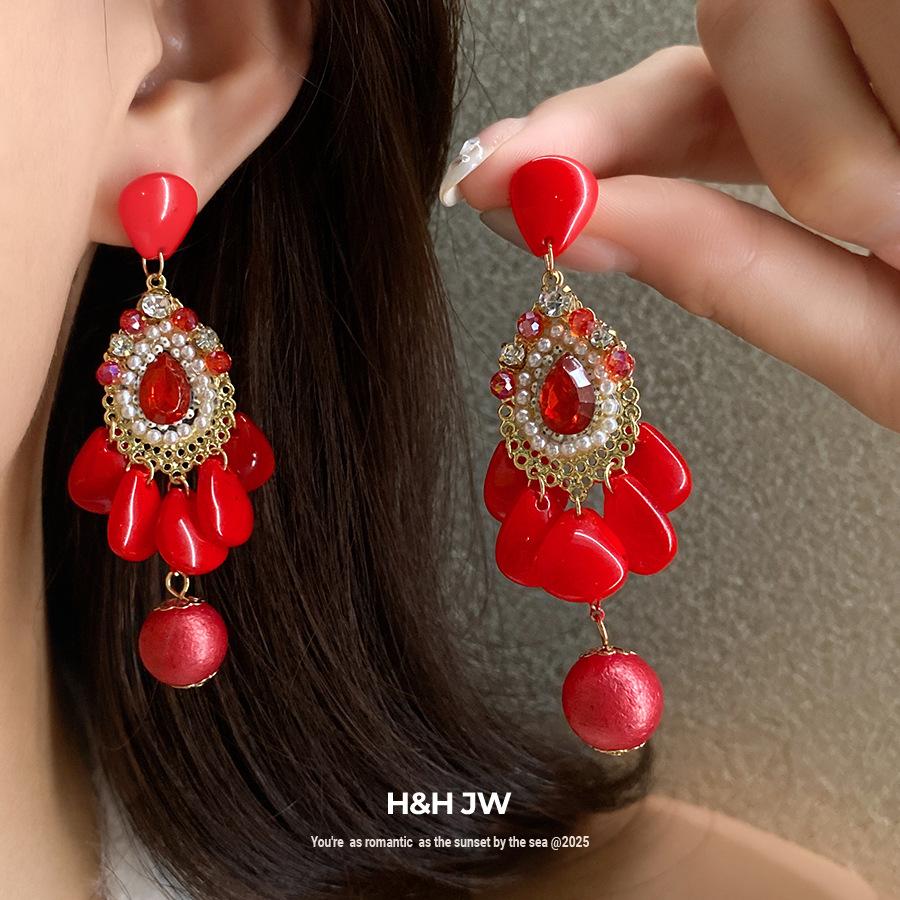 Silver Needle Diamond Pearl Water Drop Tassel Earrings Retro Premium Earrings Ethnic Style Niche Fashion Versatile Earrings